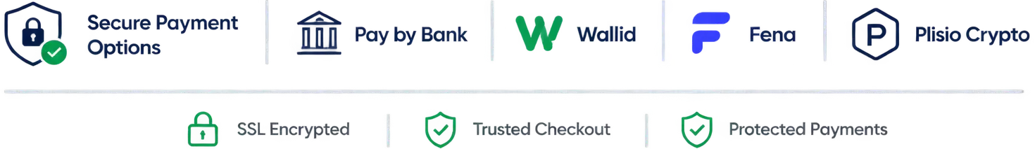 Secure payment options including Pay by Bank, Wallid, Fena and Plisio Crypto
