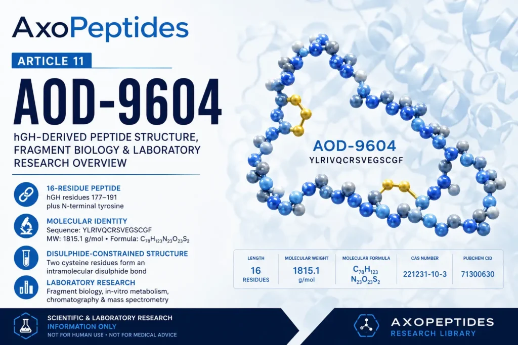 AOD-9604 research overview showing hGH-derived peptide structure, amino-acid sequence and laboratory analysis