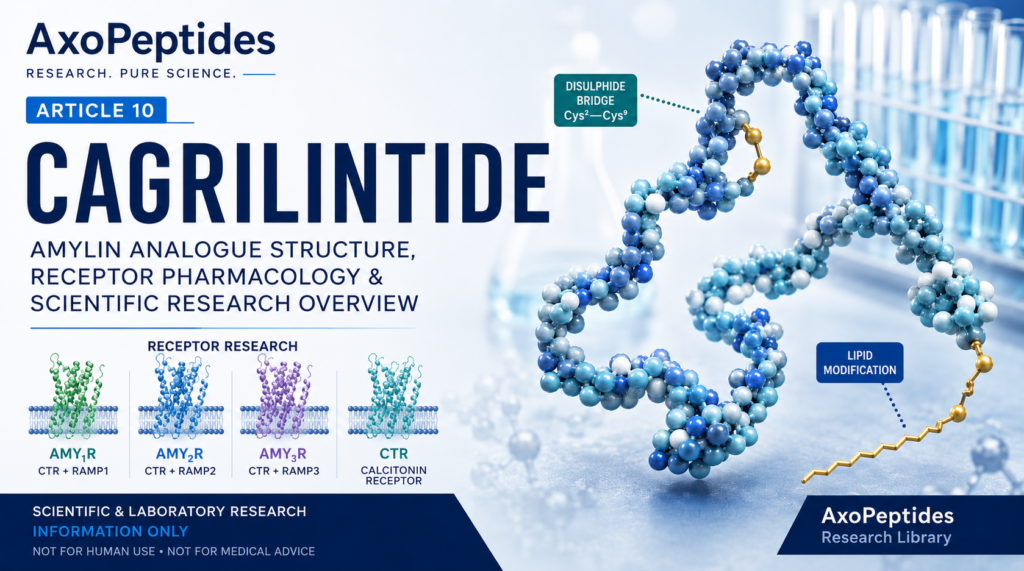 Cagrilintide research overview showing amylin analogue structure, receptor research and lipid modificationv
