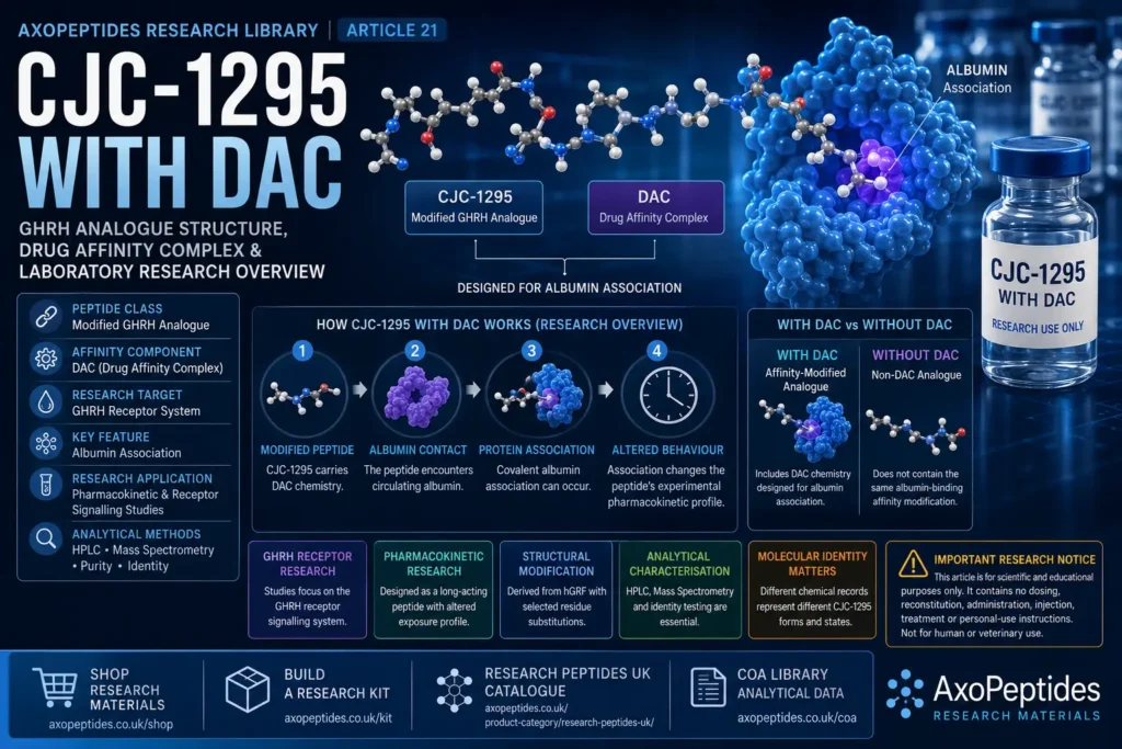 CJC-1295 with DAC research overview showing modified GHRH analogue structure, Drug Affinity Complex, albumin association and laboratory analysis