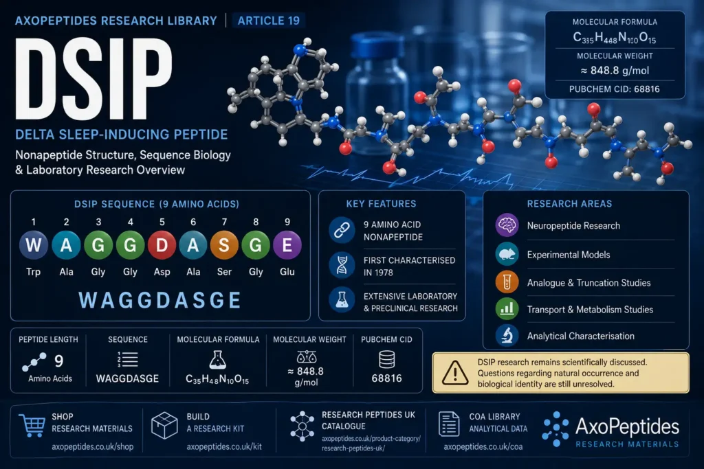 DSIP research overview showing WAGGDASGE nonapeptide sequence, molecular structure, laboratory research and analytical characterisation