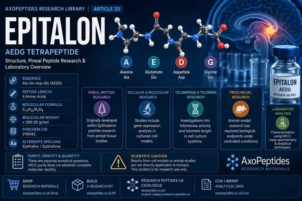Epitalon research overview showing AEDG tetrapeptide structure, pineal peptide research, cellular studies and laboratory analysis
