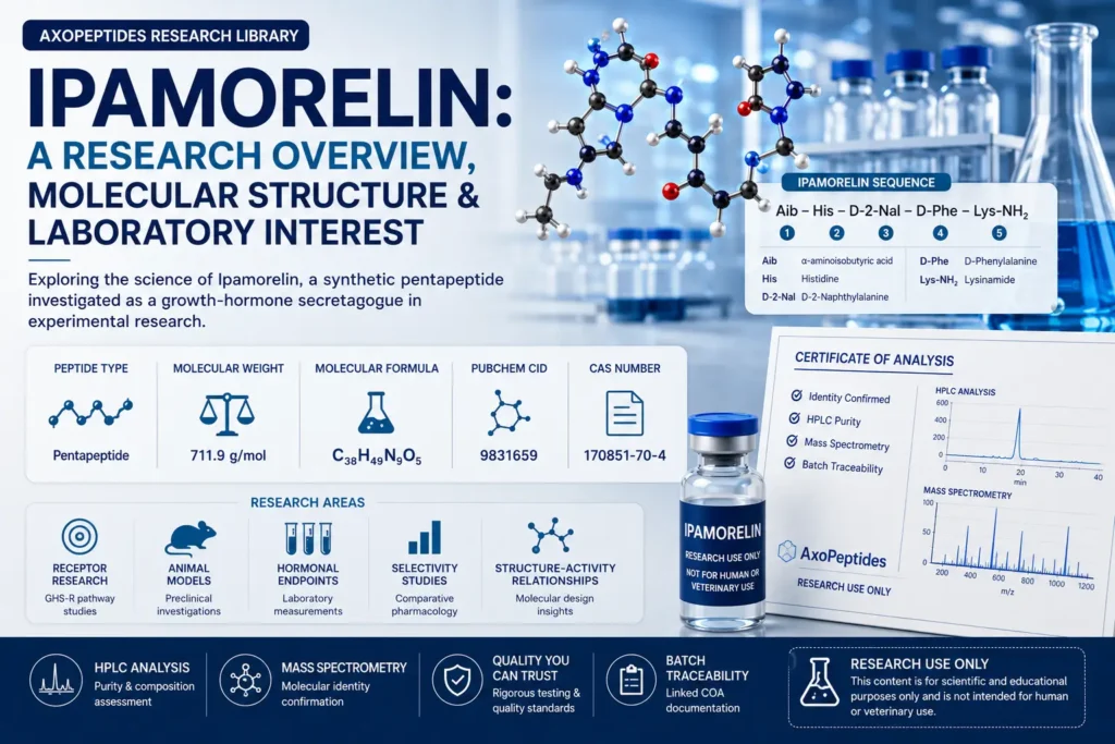 Ipamorelin research overview showing peptide structure, laboratory analysis and batch documentation