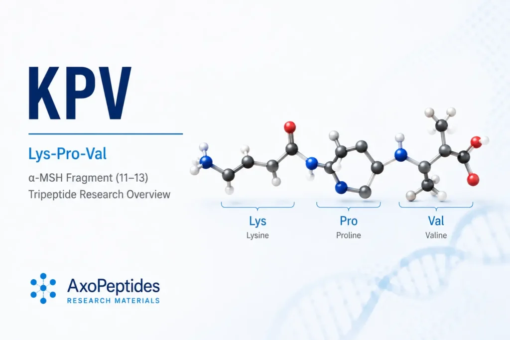 KPV peptide research overview showing Lys-Pro-Val tripeptide structure, alpha-MSH fragment origin and laboratory research