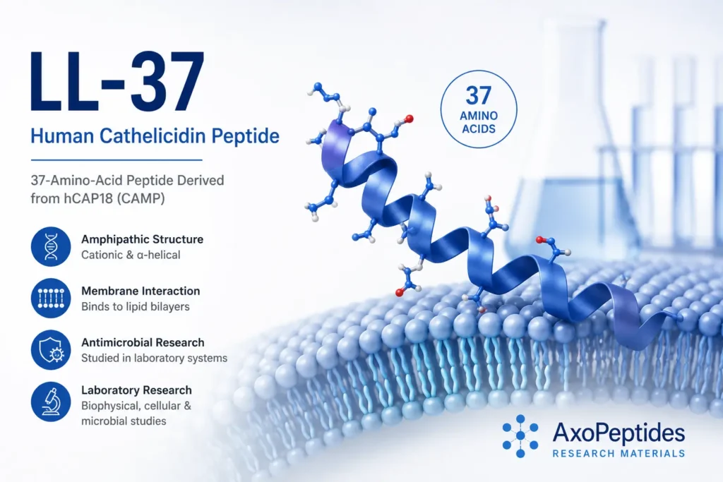 LL-37 research overview showing human cathelicidin structure, 37-amino-acid peptide, membrane interaction and laboratory research