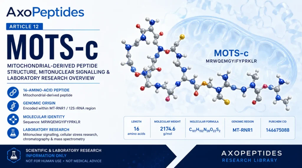MOTS-c research overview showing mitochondrial-derived peptide structure, sequence and laboratory research