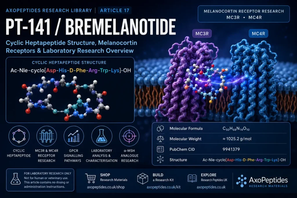 PT-141 bremelanotide research overview showing cyclic heptapeptide structure, MC3R and MC4R receptors and laboratory analysis