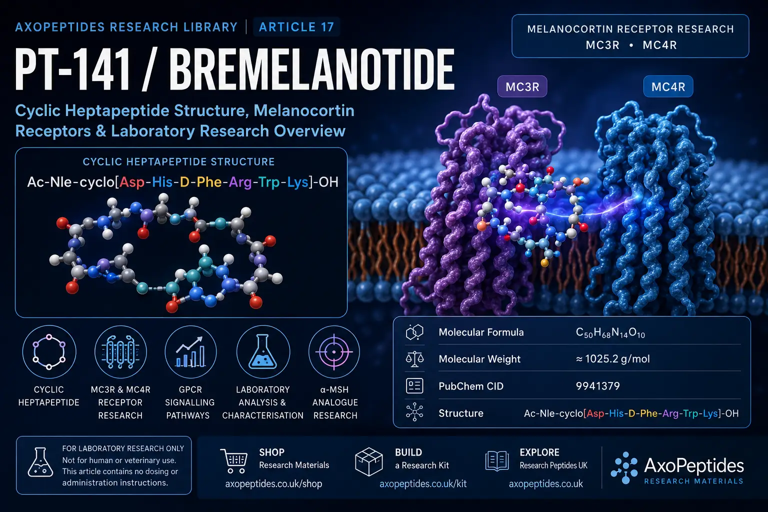 PT-141 bremelanotide research overview showing cyclic heptapeptide structure, MC3R and MC4R receptors and laboratory analysis