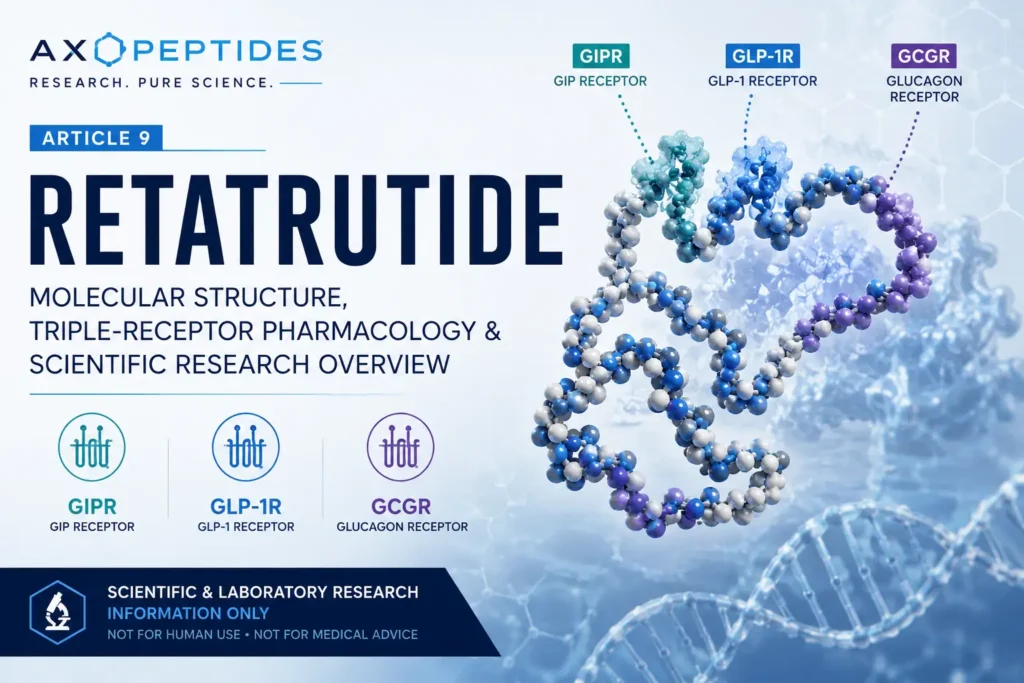 Retatrutide research overview showing molecular structure and GIPR, GLP-1R and GCGR receptor research