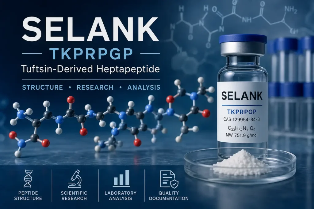 Selank research overview showing TKPRPGP heptapeptide structure, tuftsin-derived sequence and laboratory analysis