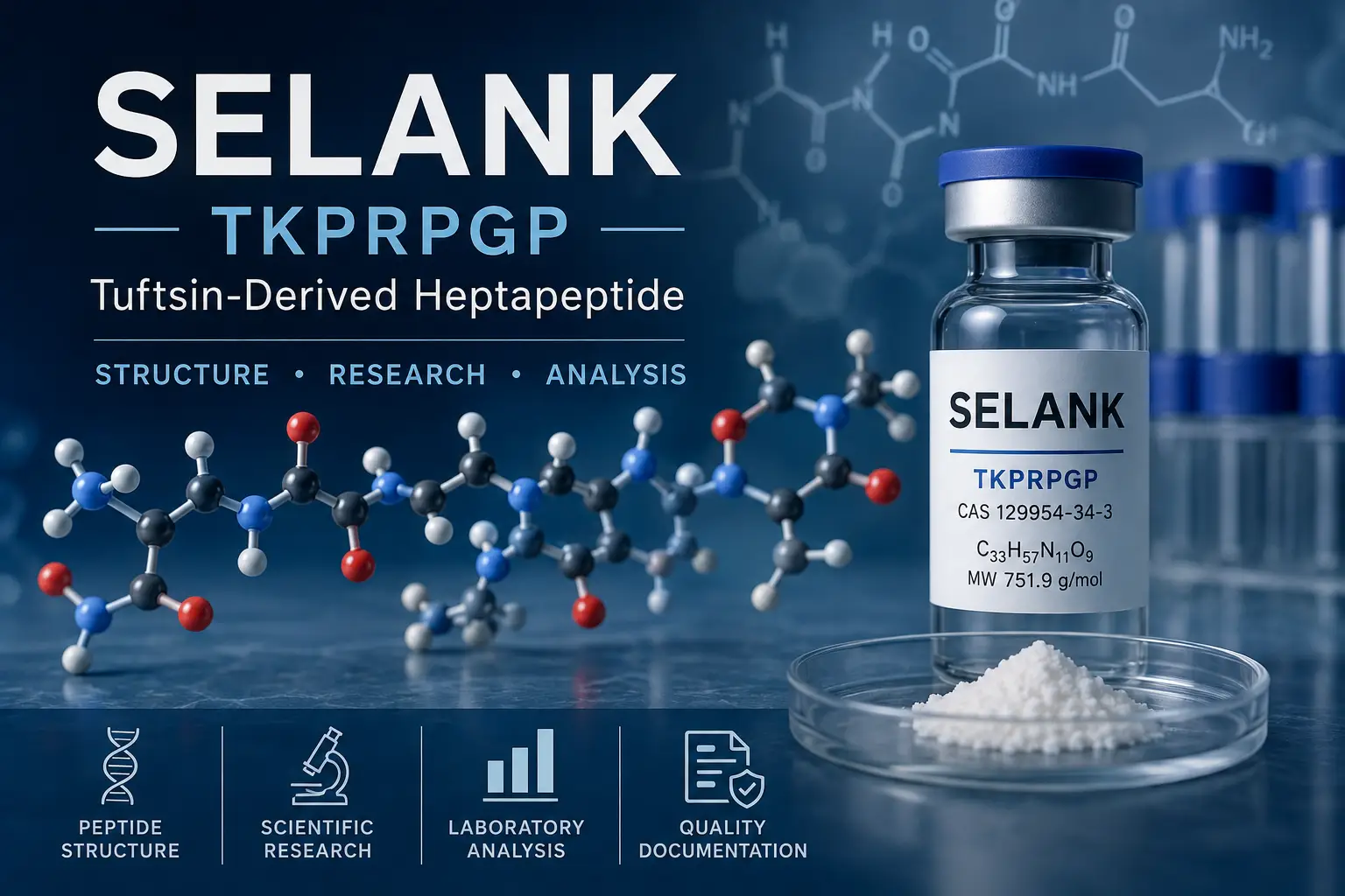 Selank research overview showing TKPRPGP heptapeptide structure, tuftsin-derived sequence and laboratory analysis