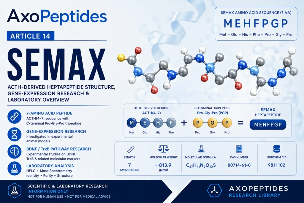 Semax research overview showing ACTH-derived heptapeptide structure, MEHFPGP sequence, gene-expression research and laboratory analysis