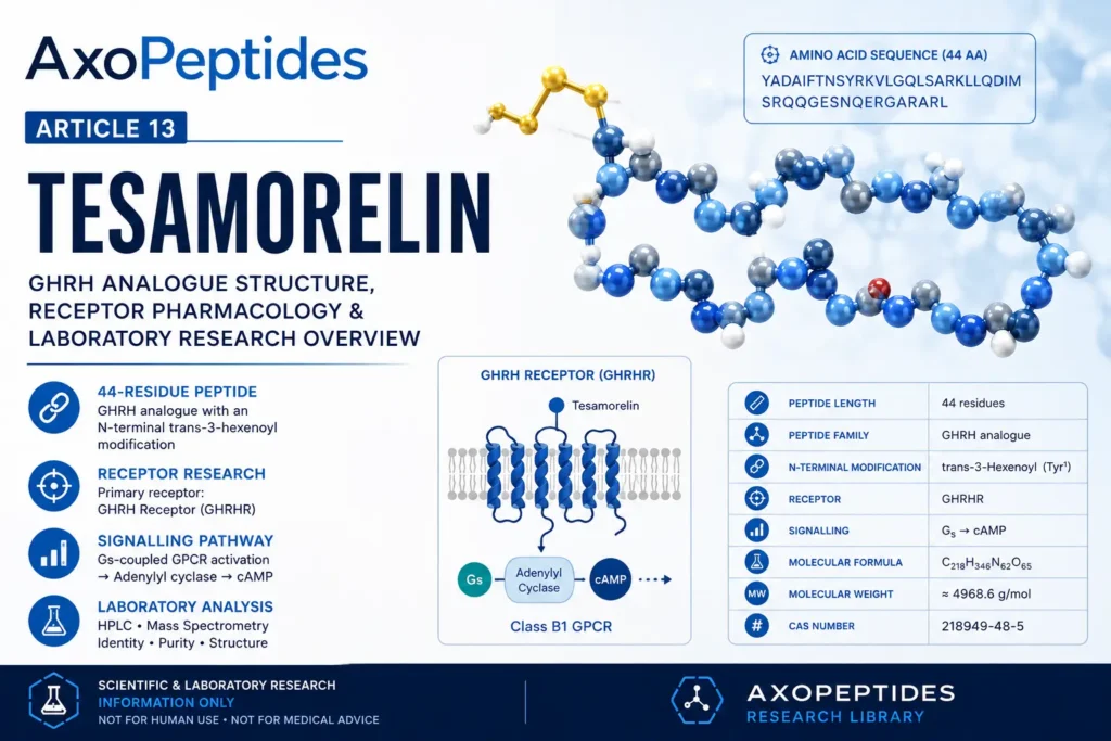 Tesamorelin research overview showing GHRH analogue structure, GHRH receptor signalling and laboratory analysis
