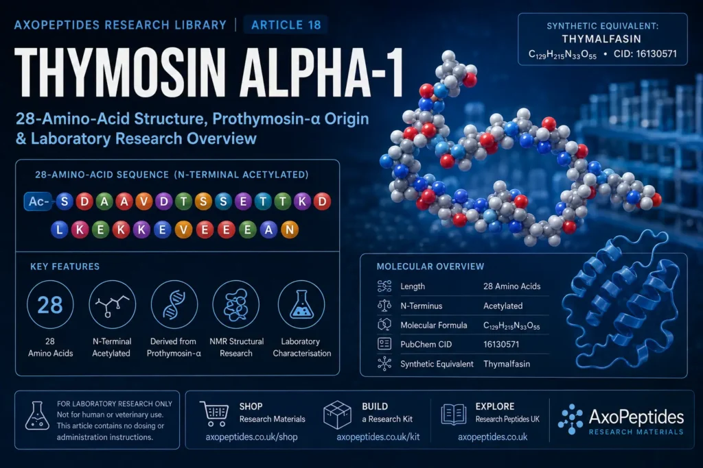 Thymosin Alpha-1 research overview showing 28-amino-acid structure, N-terminal acetylation, prothymosin-alpha origin and laboratory research
