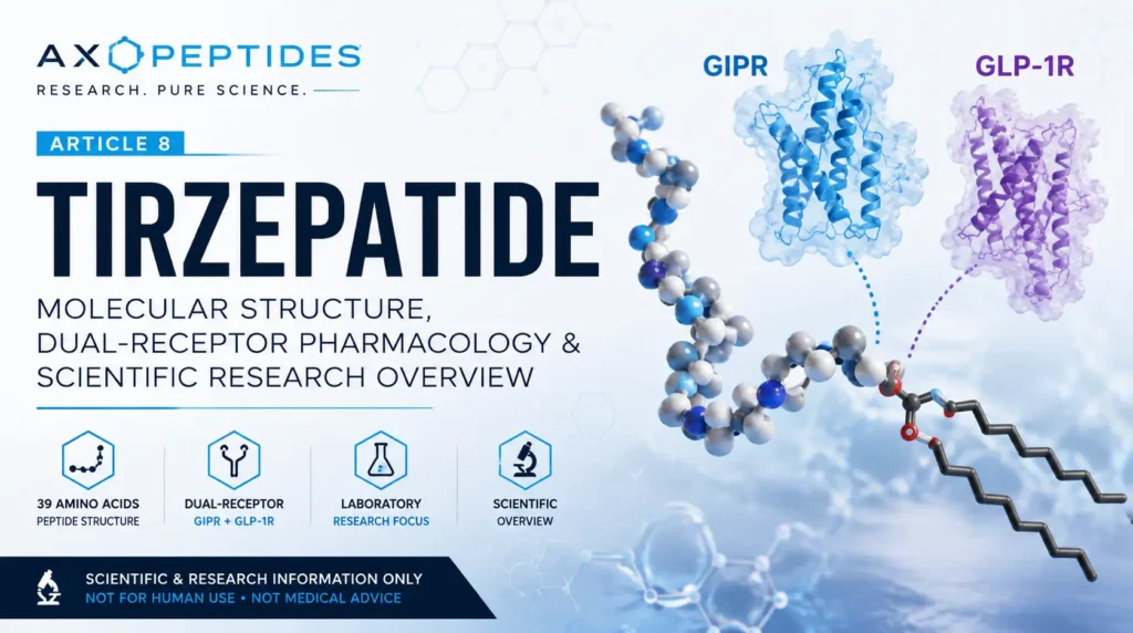 Tirzepatide research overview showing molecular structure and GIPR and GLP-1R receptor research