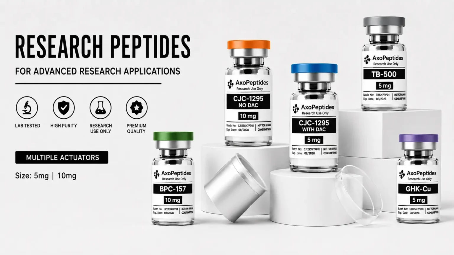 AxoPeptides research peptide vials including BPC-157, TB-500, CJC-1295 and GHK-Cu for laboratory research use only