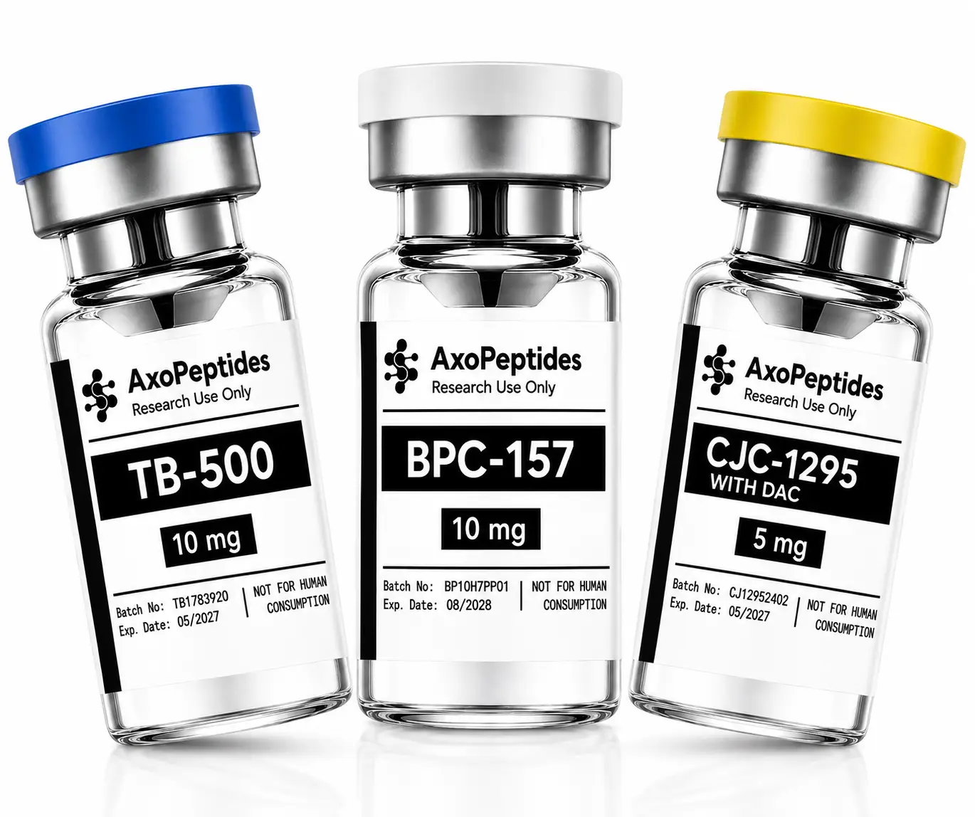 AxoPeptides research peptide vials labelled TB-500, BPC-157 and CJC-1295 for research use only