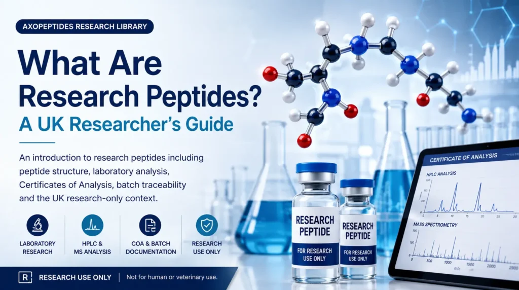 Research peptides UK guide showing peptide structure and laboratory analysis